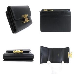 Celine fold Tri Leather Triomphe Black Wallet